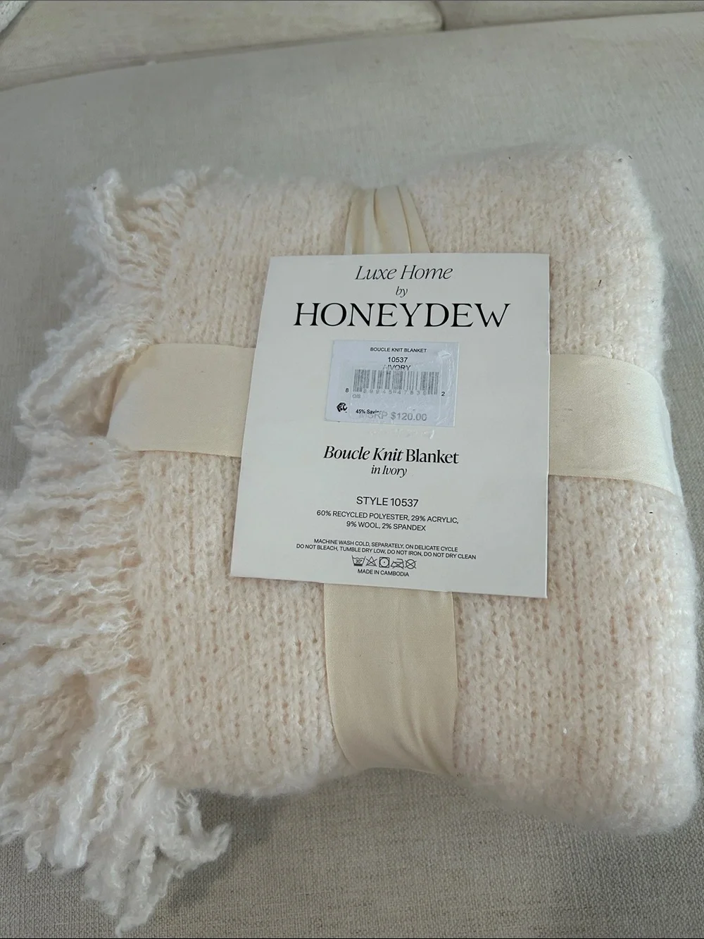 Honeydew Luxe Home Bouclé Knit Throw Blanket, Cream, 50”x60”, NWT